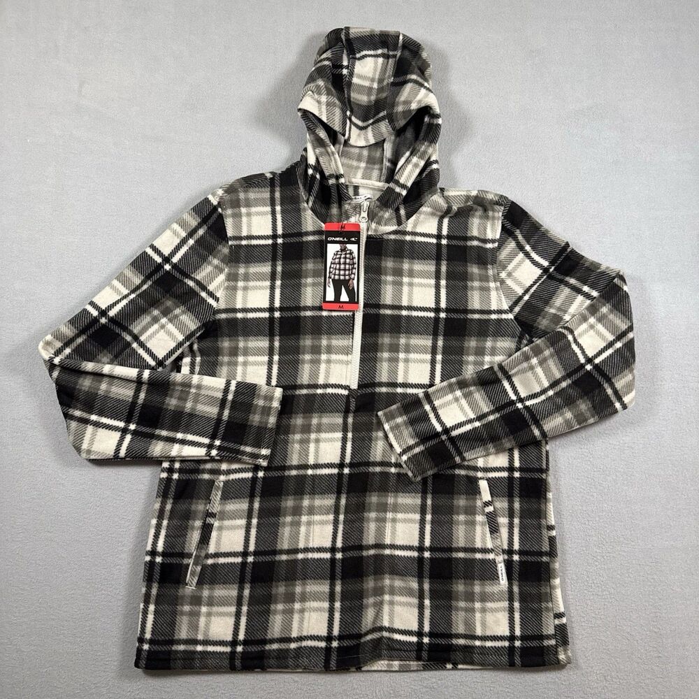 NWT O’Neill Women’s M Gray Plaid Fleece Hooded Quarter Zip Pullover Jacket